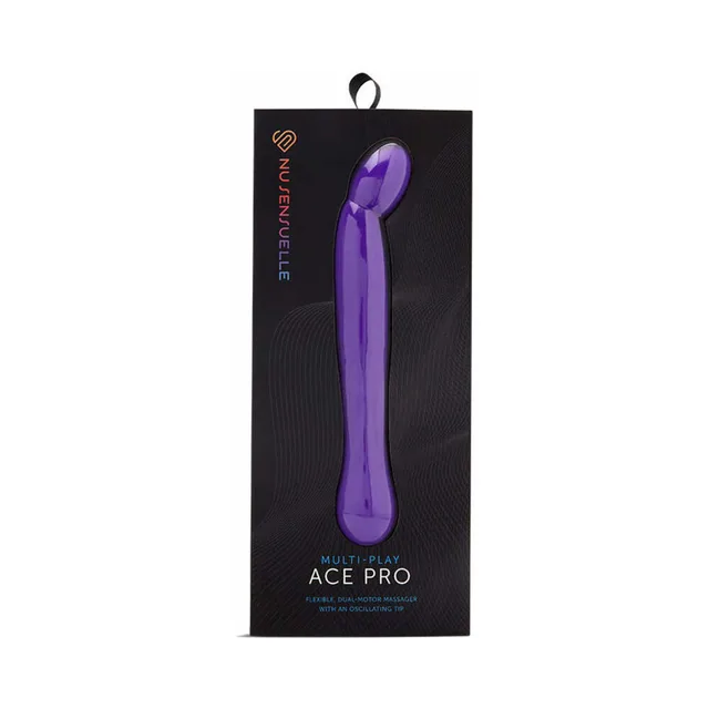 Nu Sensuelle Ace Pro deep-purple vibrator upright inside black retail box