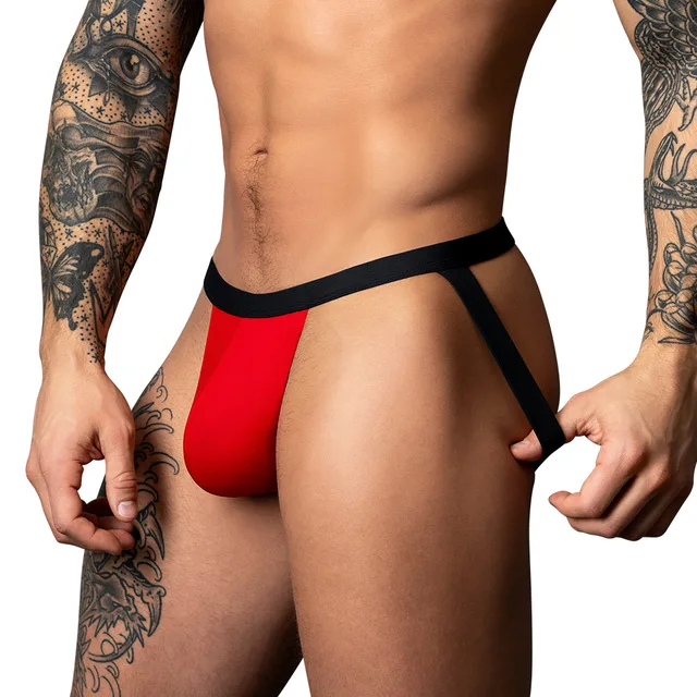 Male Power Hot Mesh S/M black and red jock front view worn by model