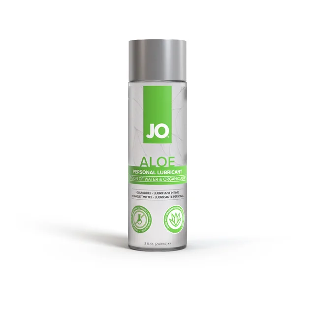 8 oz System JO Aloe water-based lubricant in silver bottle with green label
