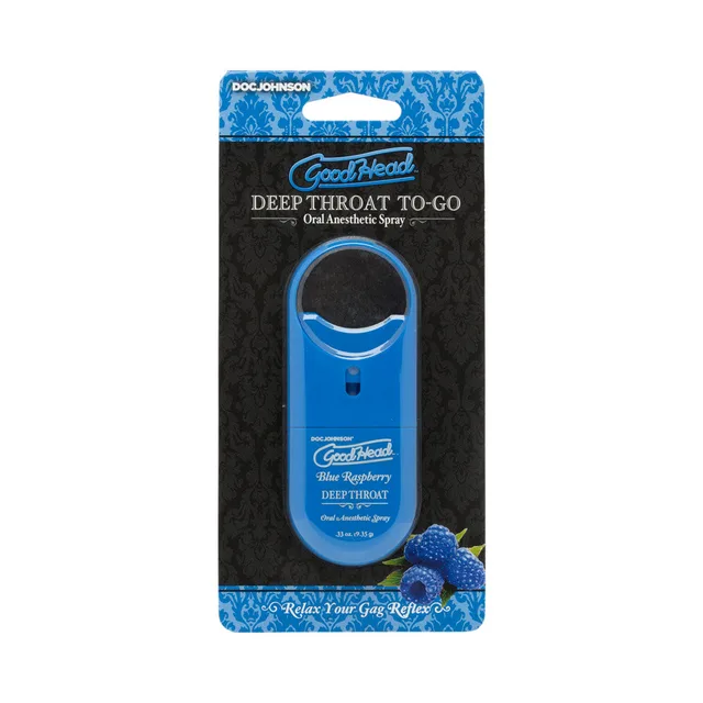 Doc Johnson GoodHead Blue Raspberry To-Go spray inside black-and-blue retail card