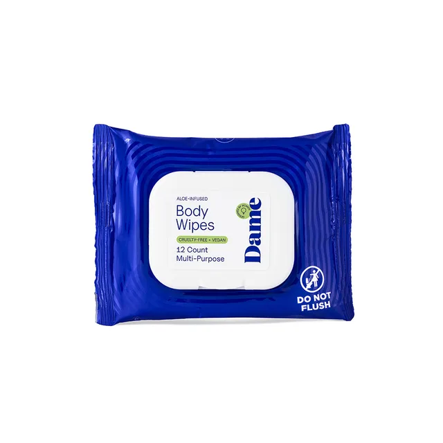 Dame Aloe and Cucumber body wipes rear view of blue packet