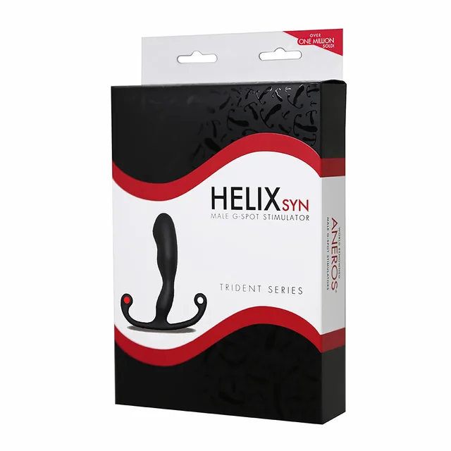 Aneros Helix Syn Trident stimulator black-and-white retail package with red accent and product silhouette