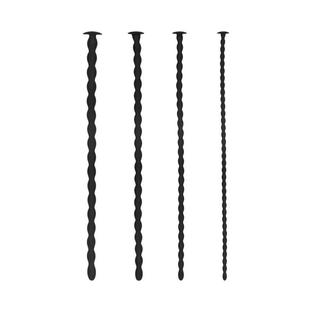 Four graduated black spiral silicone plugs upright