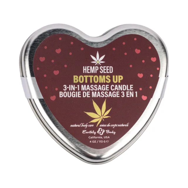 closed heart-shaped Bottoms Up hemp seed candle tin with red label