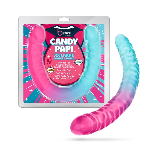 Blush B Yours Candy Papi gradient double-ended dildo curved beside its colorful retail package