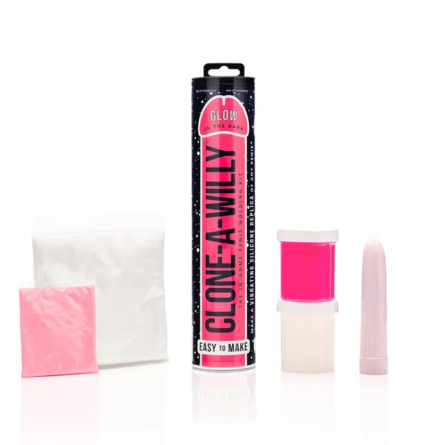 Clone-A-Willy Hot Pink Vibrating Kit canister with pink and white packets mixing cup and insert