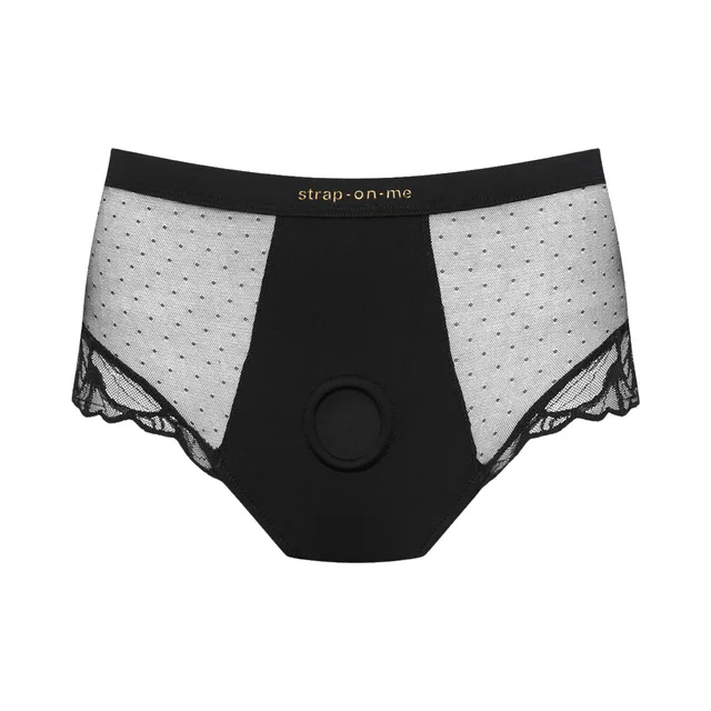 Strap-On-Me Divine black harness brief size XL flat front view with circular reinforced opening