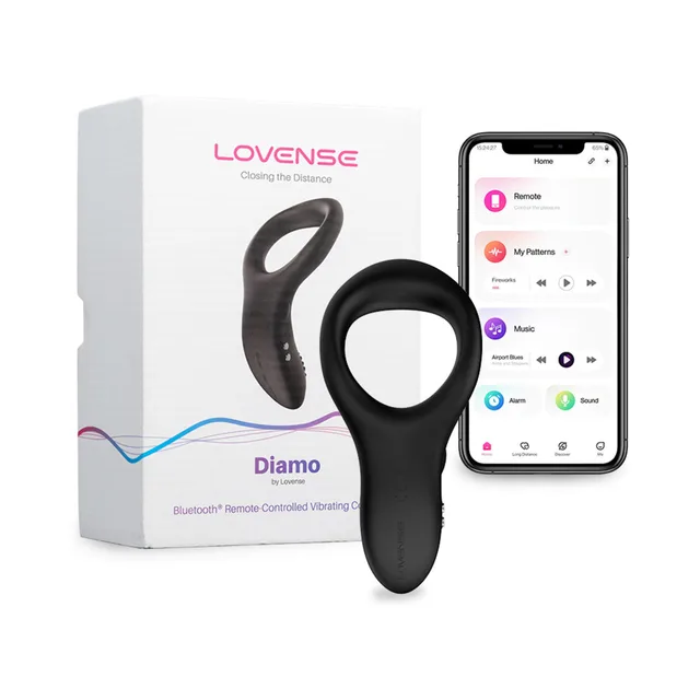 Black Lovense Diamo vibrating ring with white box and Remote app screen