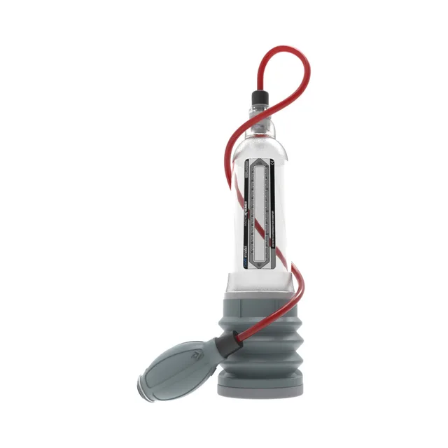 Bathmate HydroXtreme9 Clear penis pump tall transparent cylinder with black bellows, red hose and gray handball