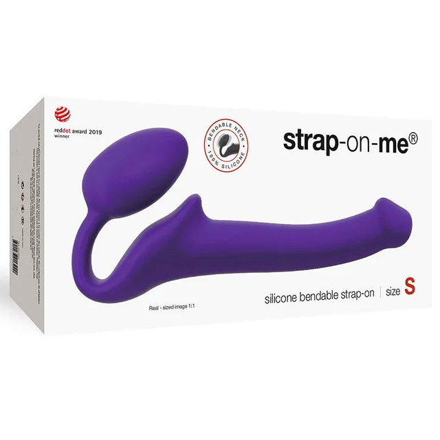 Purple small Strap-On-Me bendable silicone strap-on on white box