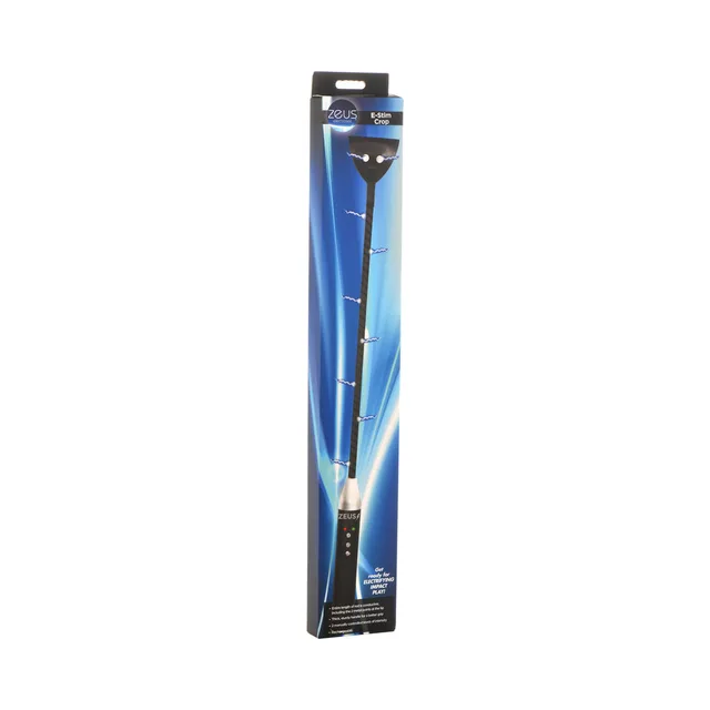 Zeus black E-Stim Crop with long shaft and wide contact tip on blue box