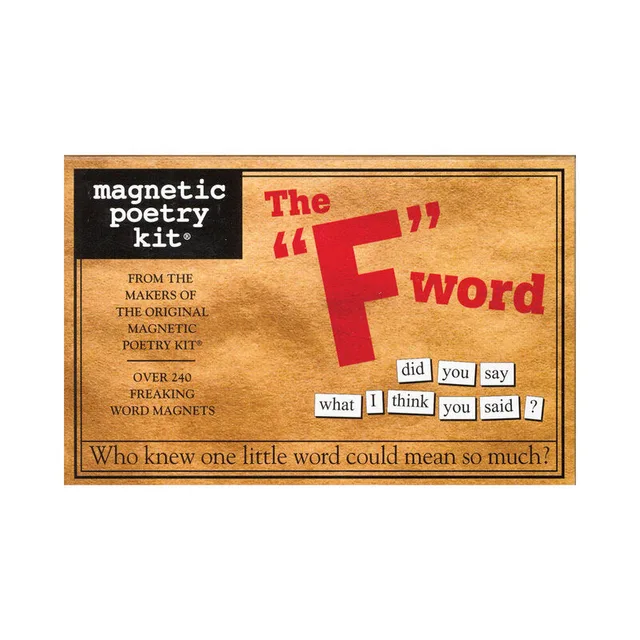 brown and red The F Word Magnetic Poetry Kit box with sample white word tiles