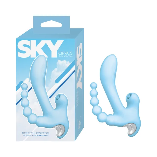 Nasstoys Sky Cirrus blue vibrator beside retail box