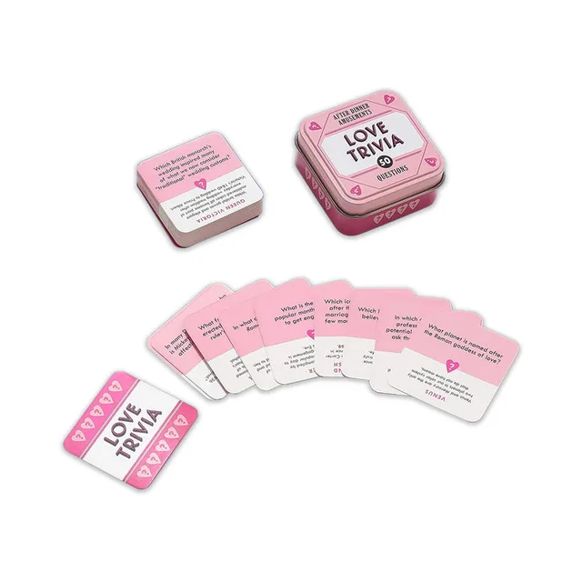 pink Love Trivia tin with question cards arranged around it
