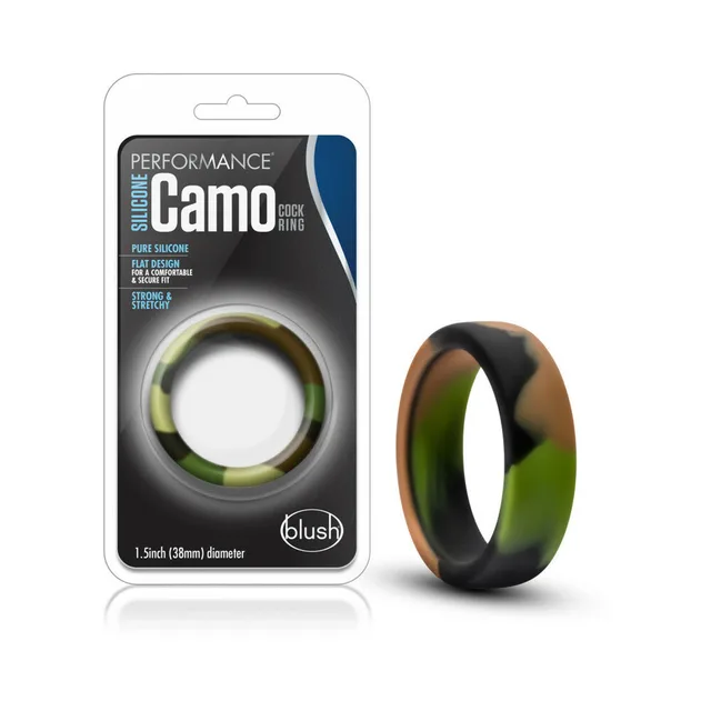 Blush Performance Camo green silicone ring beside matching Performance retail package