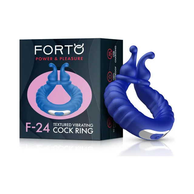 Blue Forto F-24 textured vibrating ring beside retail box