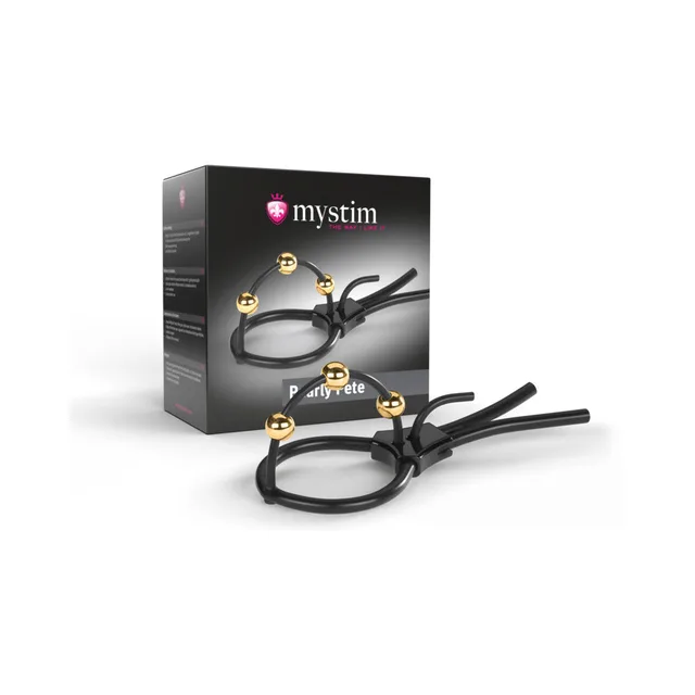 Mystim Pearly Pete black corona strap with gold-tone posts and cable leads beside black box