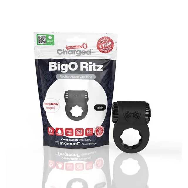 Charged Big O Ritz black cock ring beside retail pouch