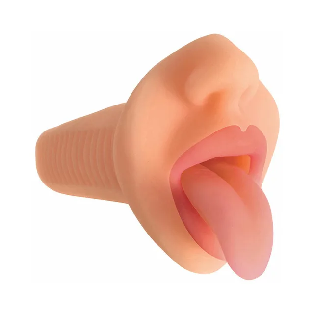 Front view of Courtney mouth-shaped stroker and pink tongue
