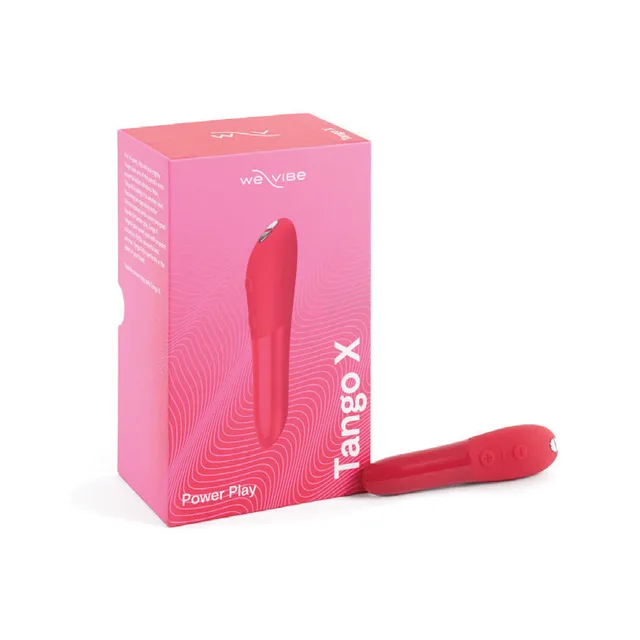 Cherry Red We-Vibe Tango X bullet vibrator beside pink retail box