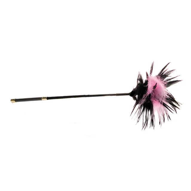 black tickler wand with gold bands and layered pink black spotted feathers