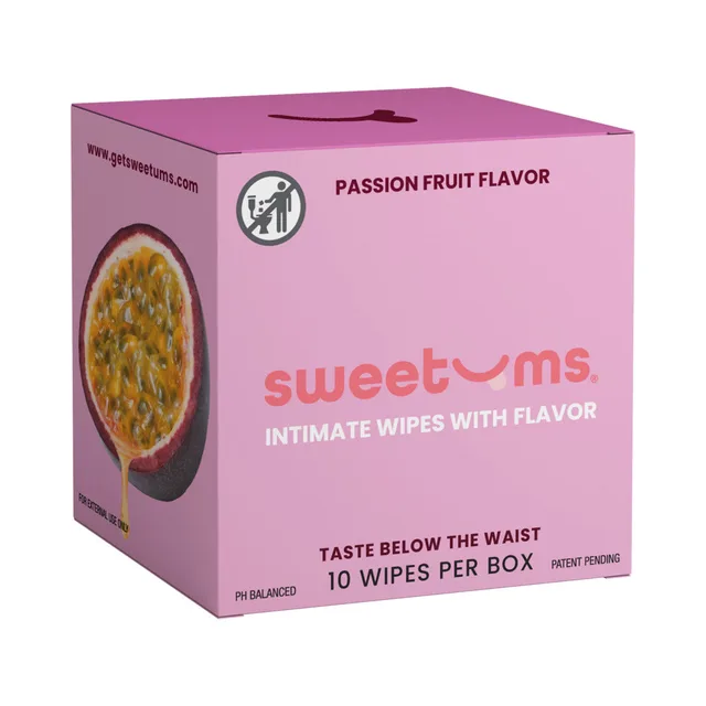 Sweetums Intimate Passion Fruit wipes 10-pack pink box with passion fruit illustration and 10-wipe label