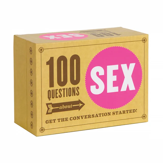 yellow 100 Questions About Sex cube box with pink and black type