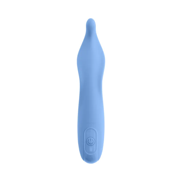 Front view of blue Tender Tickler with tapered tip and two-button controls