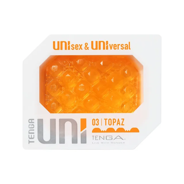 Orange TENGA UNI Topaz faceted elastomer piece in clear octagonal package