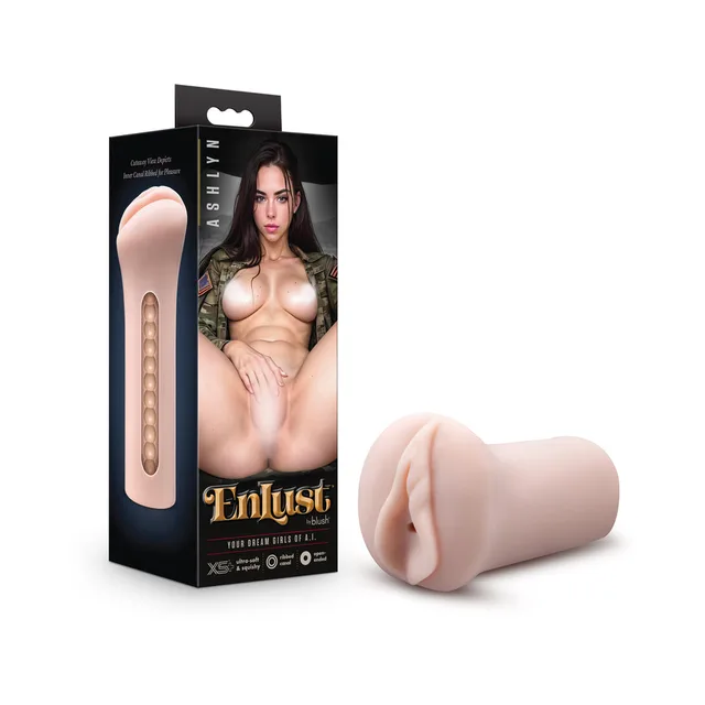 beige EnLust Ashlynn ribbed stroker with sculpted opening beside retail box