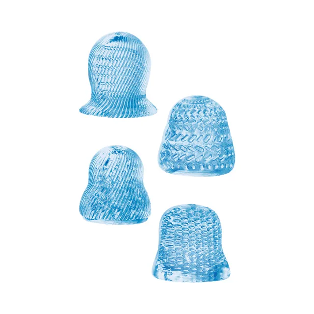 Four translucent blue stroker sleeves with different patterns