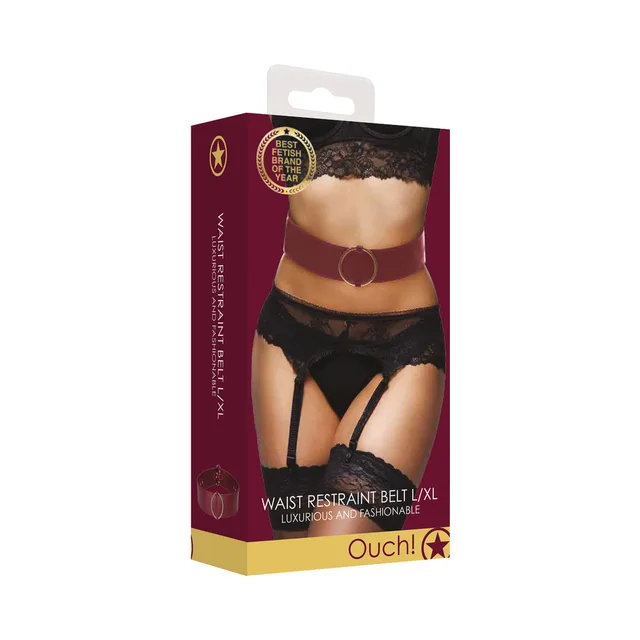Burgundy Ouch Halo waist belt box with model wearing ringed design