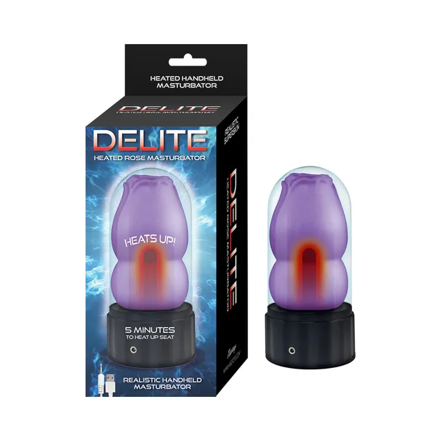 purple TPE Delite rose-shaped masturbator on black heated base beside box