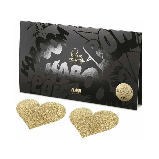 pair of rounded gold glitter heart-shaped Flash pasties beside black reusable packaging