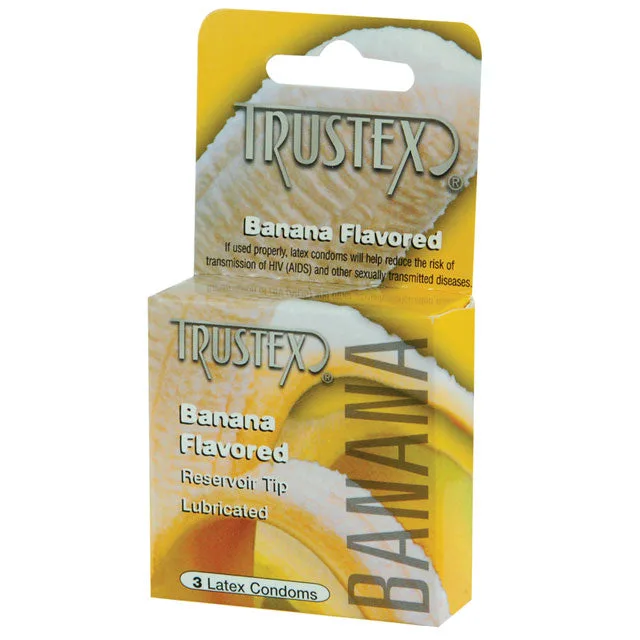 Trustex Banana Flavored three-pack of condoms in yellow box