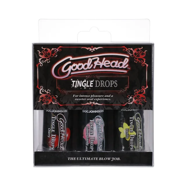 Doc Johnson GoodHead Tingle Drops set inside clear-front three-bottle display box