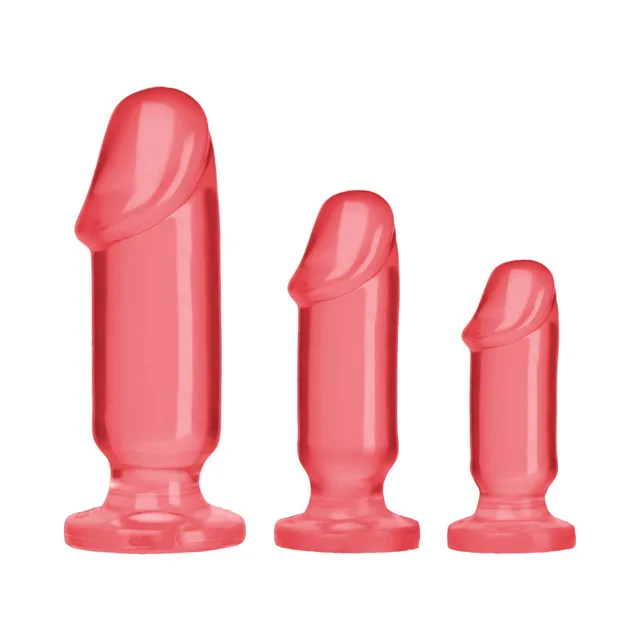 Doc Johnson Crystal Jellies Pink Kit three translucent pink plugs in graduated sizes
