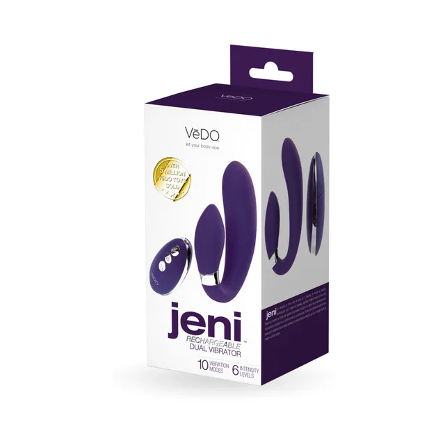 purple VeDO Jeni C-shaped vibrator with matching remote pictured on box