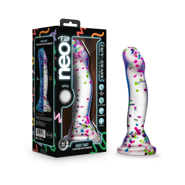 clear multicolor confetti Hanky Panky dildo beside black retail box