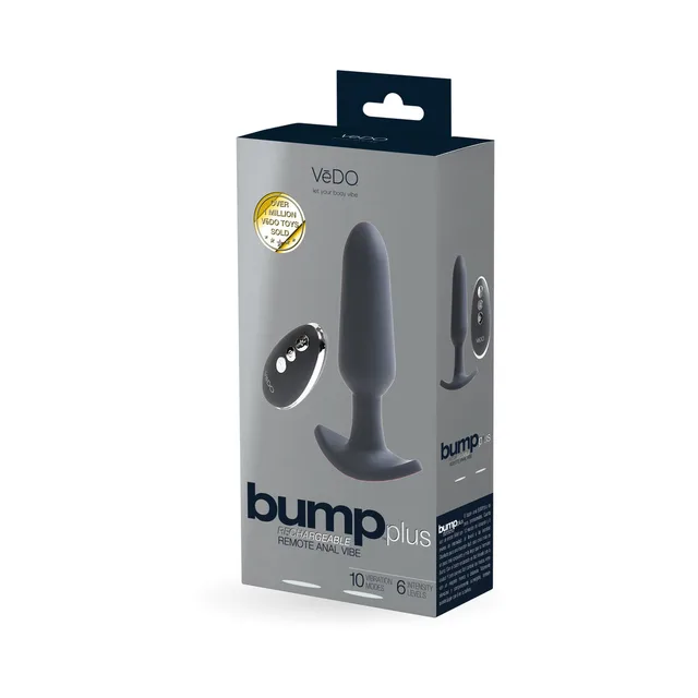Black VeDO Bump Plus anal vibrator and remote on retail box