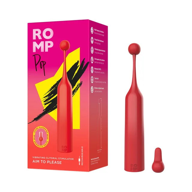 red ROMP Pop vibrator beside retail box and two interchangeable rounded heads