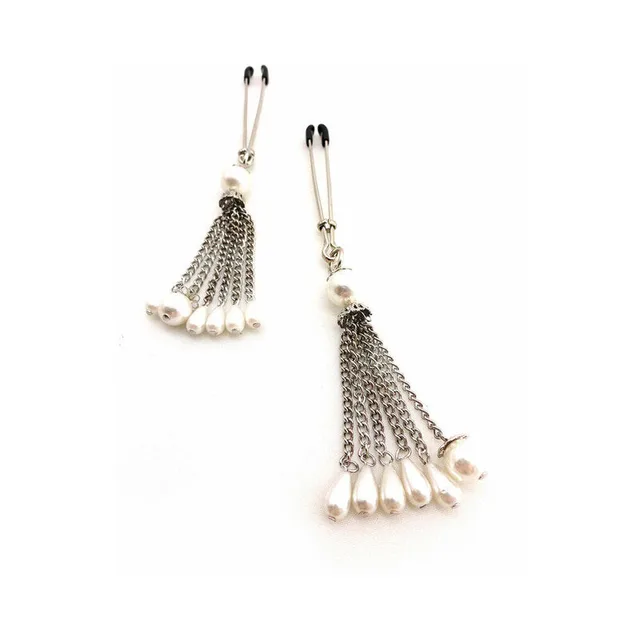 pair of chrome-tone nipple clamps with silver chain tassels and pearl drops