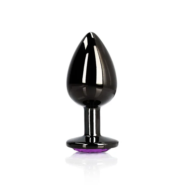 Shots Ouch medium gunmetal butt plug with amethyst heart gem upright tapered plug