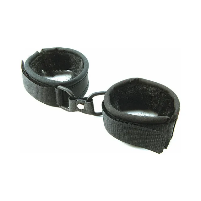 black faux-fur handcuffs with adjustable straps and silver connector