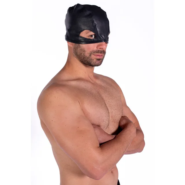 Side angle of Prowler RED leather half hood leaving lower face exposed
