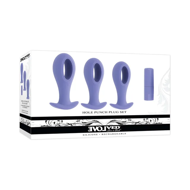 Evolved Hole Punch purple vibrating plug set in wide white retail box