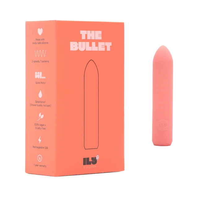 ILY by Je Joue pink bullet vibrator beside coral box