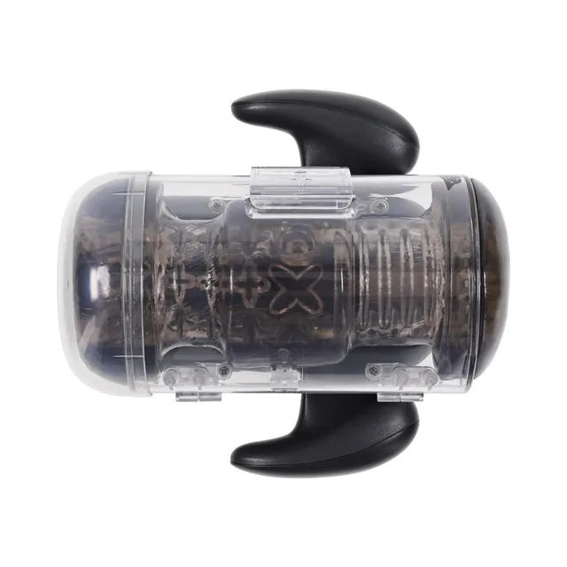 Left-side view of clear Hold Me Tight sleeve on black base