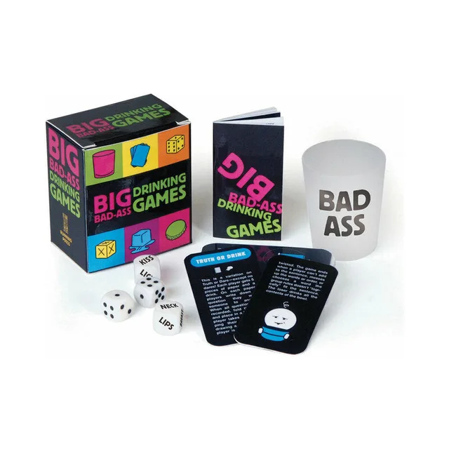 Big Bad-Ass Drinking Games box with cards, two dice sets and white shot glass
