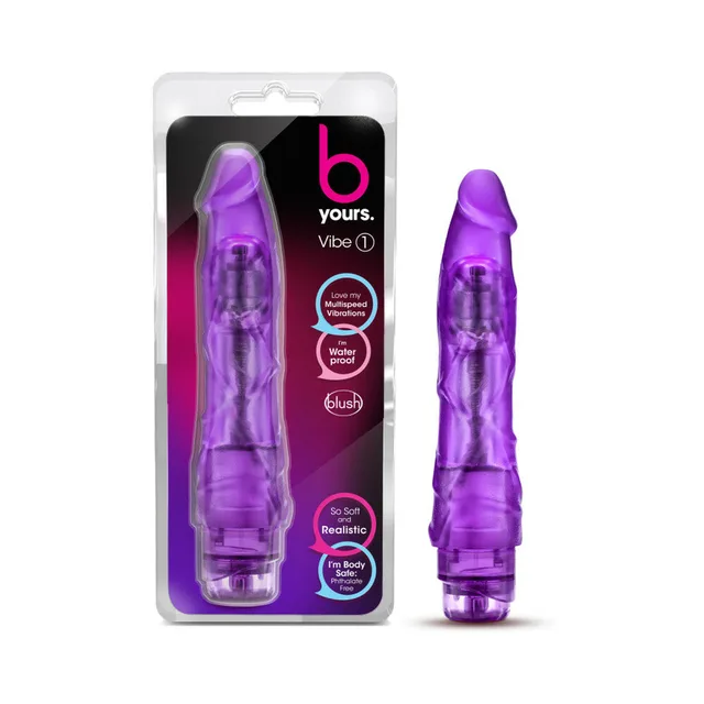 B Yours Vibe 1 purple vibrating dildo beside retail package